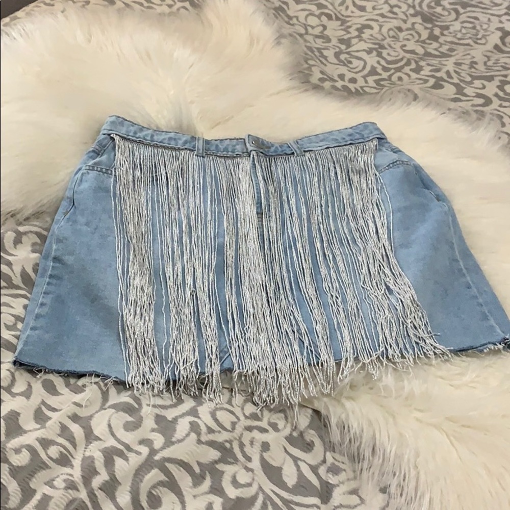 MISSGUIDED- silver fringe distressed denim skirt